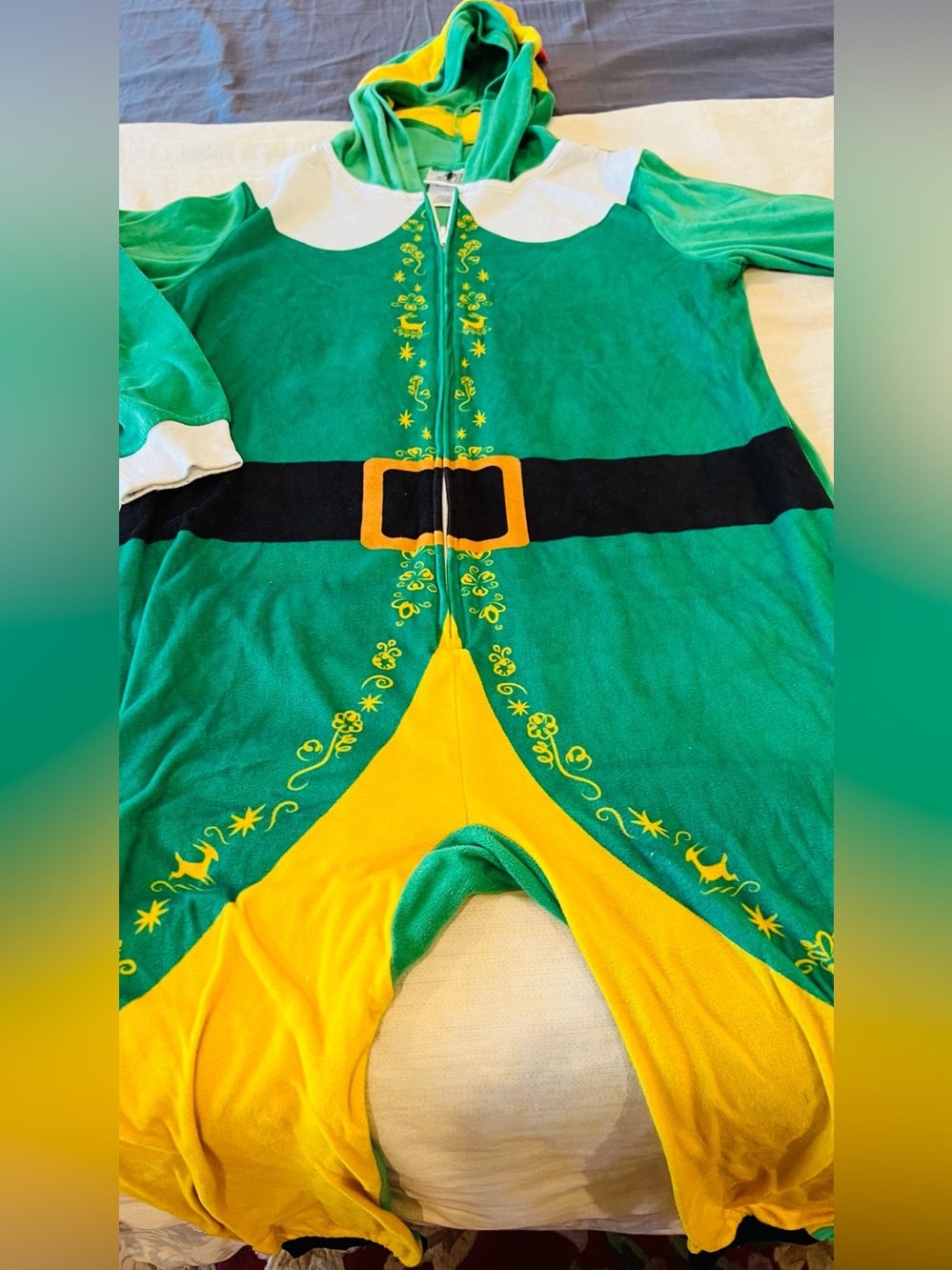 ELF Bright Green and Yellow Hooded Kids Costume Onesie size 8 boys